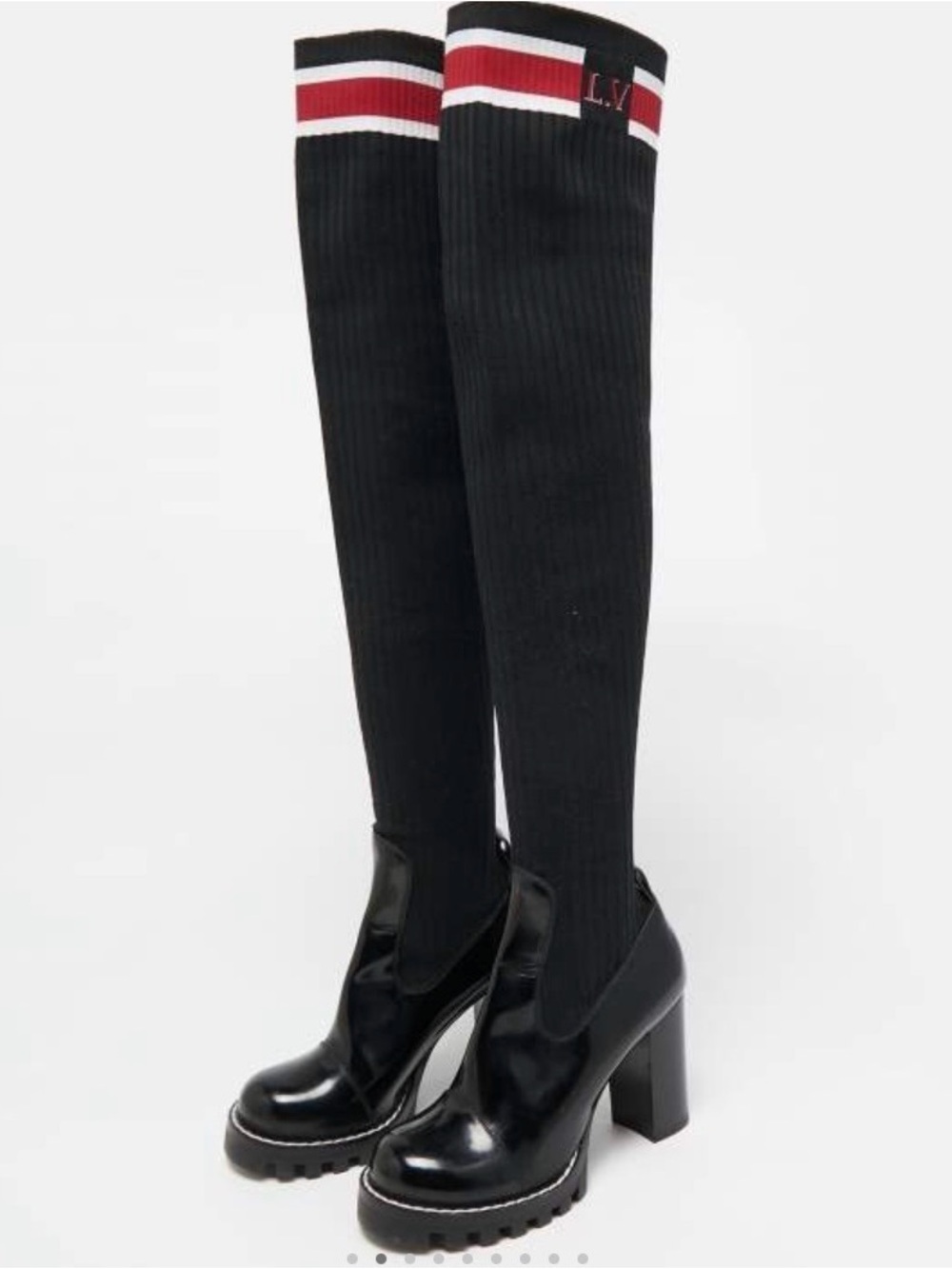 Louis Vuitton Black Over-the-Knee Platform Sock Boots with Red & White Cuff